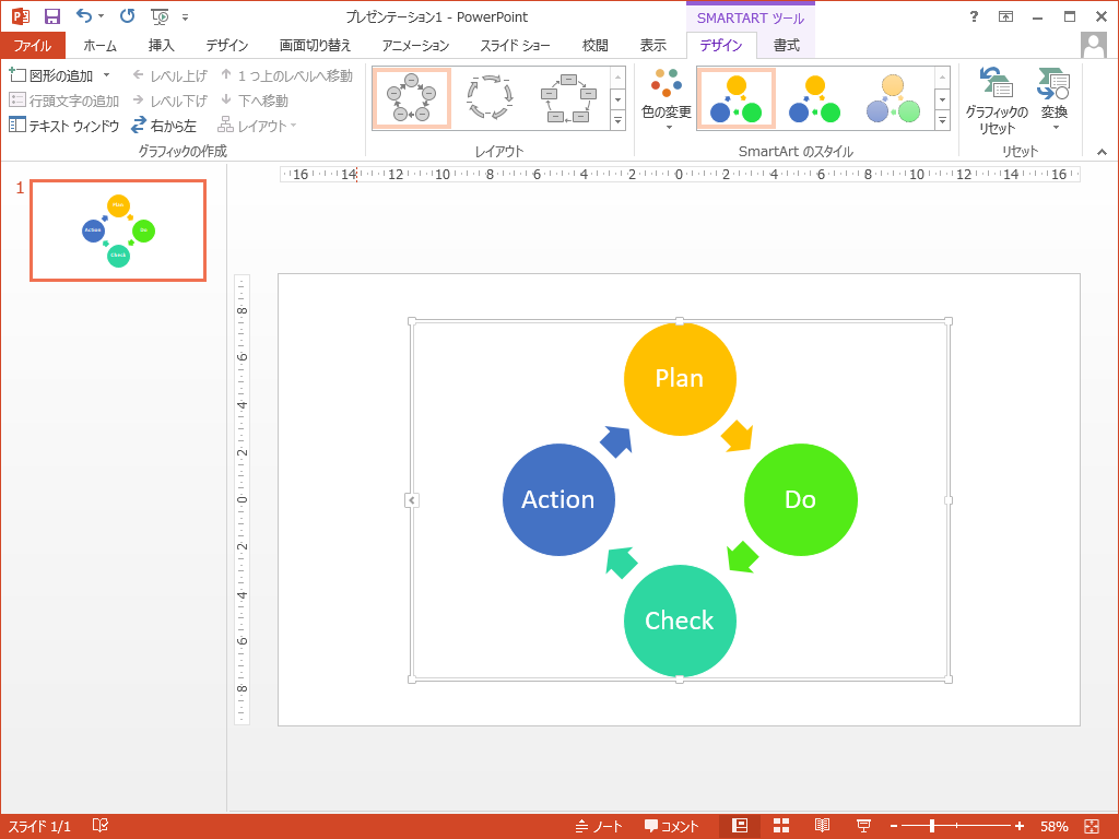 PowerPointではSmartArtの色変更も簡単にできる