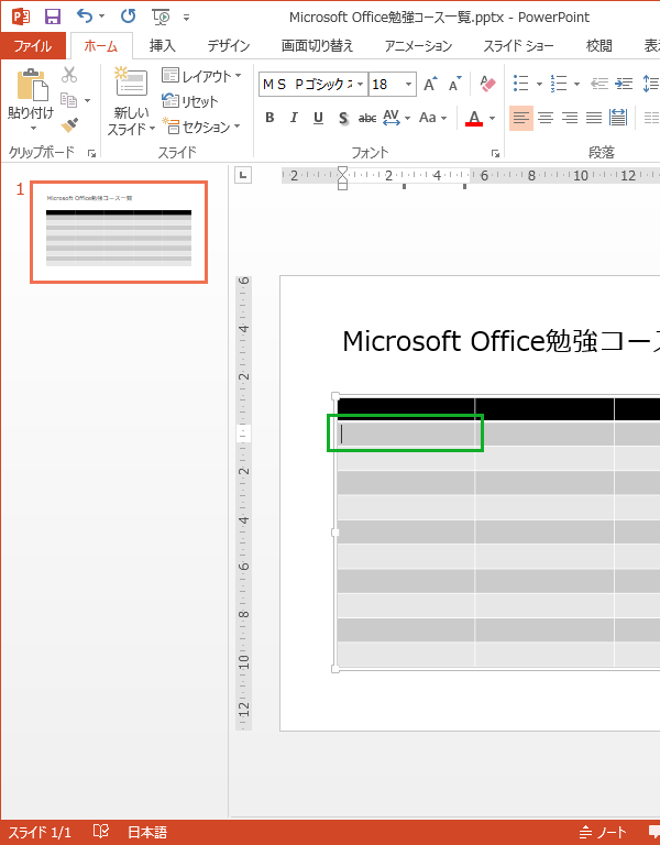 PowerPointで作成した表に文字を入力する手順