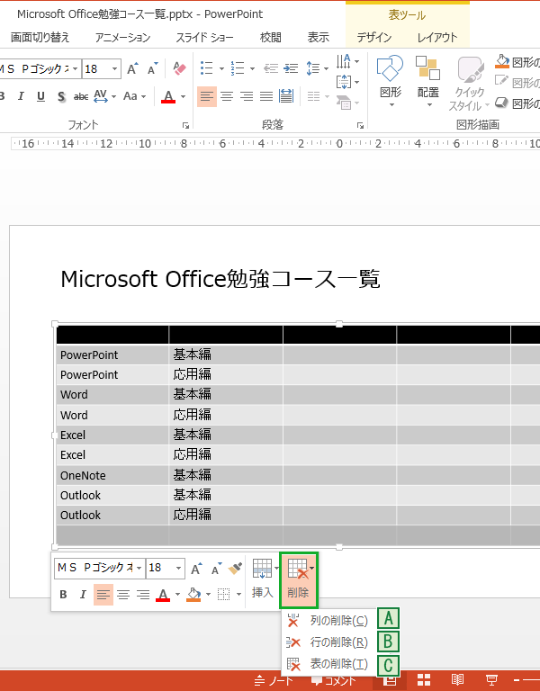 行の削除、列の削除、表の削除から選択する