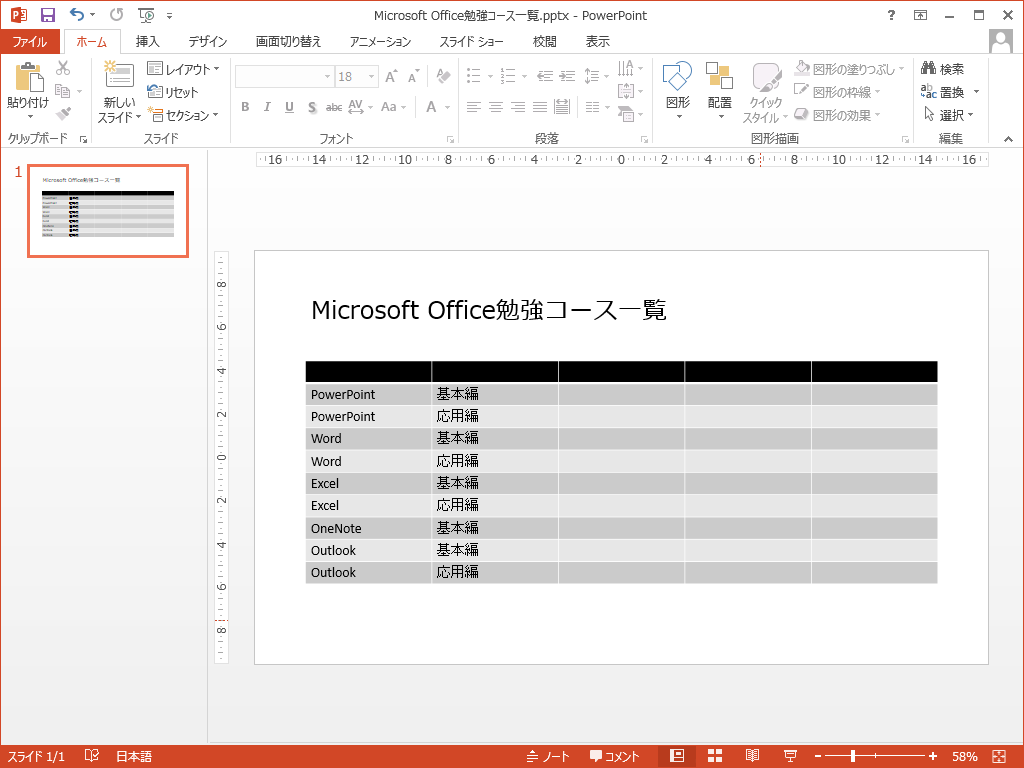 Powerpointで作成した表の行や列を削除する方法